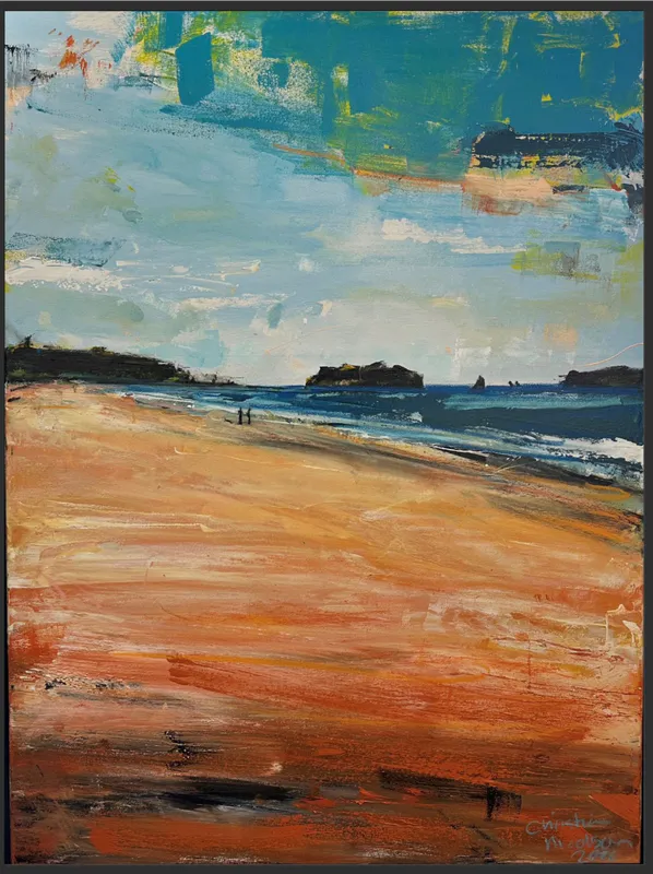 An original Acrylic painting of the South end of Whangamata by Christian Nicholson, available at The Little Gallery Whangamata