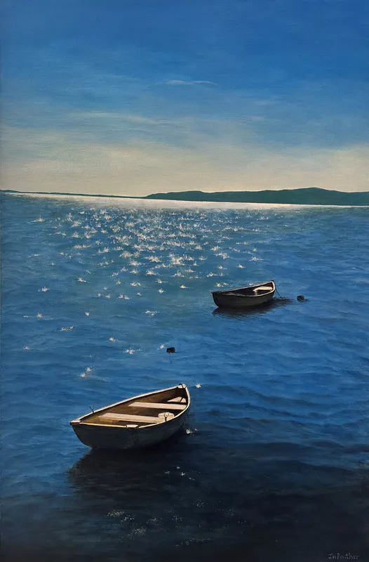 A seascape painting of the sun shining on bay with two boats by local Tairua Artist Jennifer Panther, available at The Little Gallery in Tairua