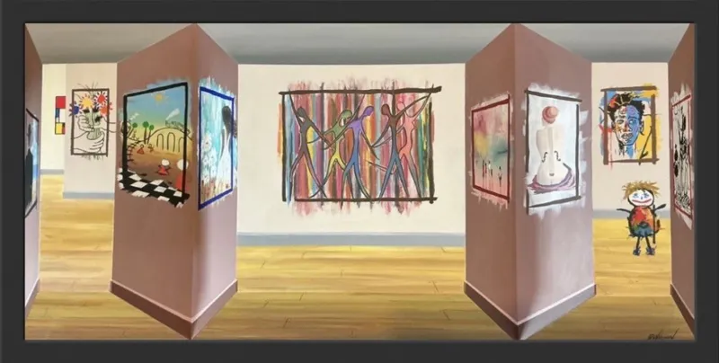 An original 3D Visual Trickery artwork of an art gallery by John Wilson, available at The Little Gallery Whangamatā