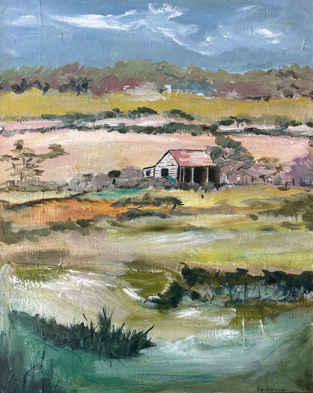 An original painting of a farmland scape by Kay de Blaauw, available at The Little Gallery Tairua