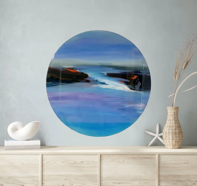 A circular original Acrylic painting with resin coating by Val Enger, available at The Little Gallery Tairua