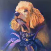 An absolutely delightful painting with a dog wearing human clothes by Anita Gate, available at The Little Gallery Tairua
