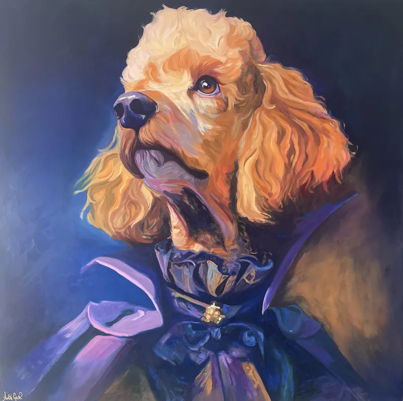 An absolutely delightful painting with a dog wearing human clothes by Anita Gate, available at The Little Gallery Tairua