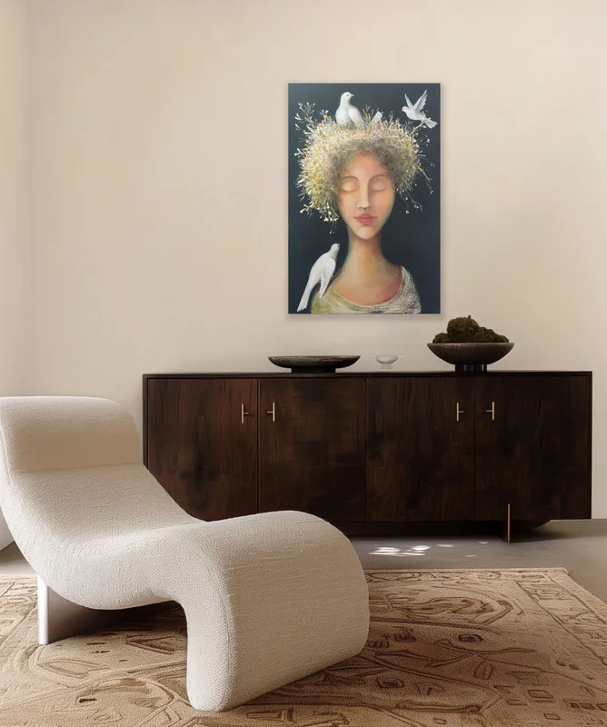 Original painting of girl with 3 birds in her hair by Bernie Kirkham available at The Little Gallery in Tairua