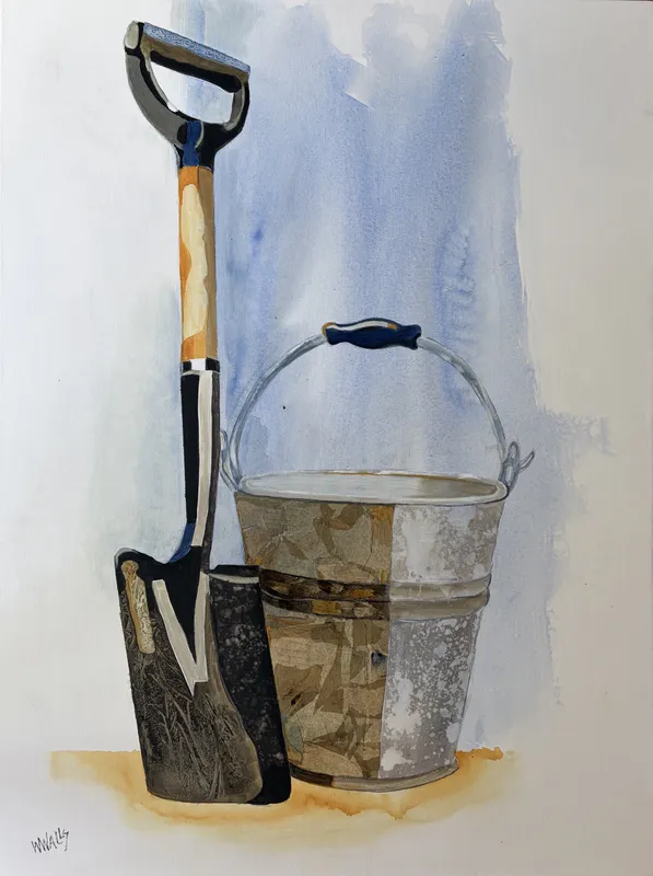 An original painting of a spade and bucket by Wendy Walls, available at The Little Gallery Tairua