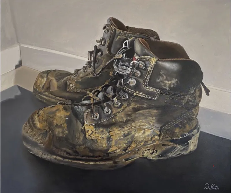 An original fine art Oil painting of muddy work boots by Dianna Smith, available at The Little Gallery Whangamata