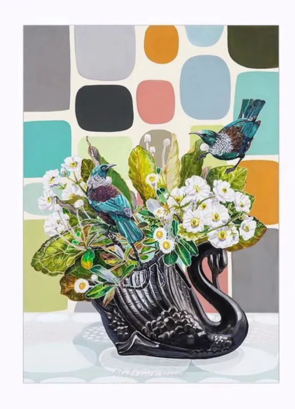 A Limited Edition fine art print of a black swan vase with flowers and Tui birds by New Zealand artist Jane Galloway, available at The Little Gallery Tairua