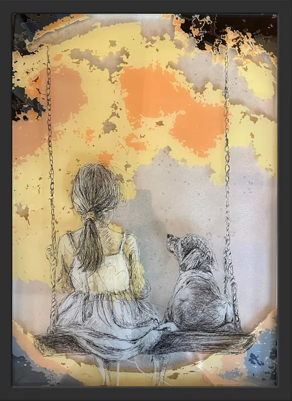 An artwork of little girl on a swing with her dog by Artist Lisa Grennell at The Little Gallery in Whangamata
