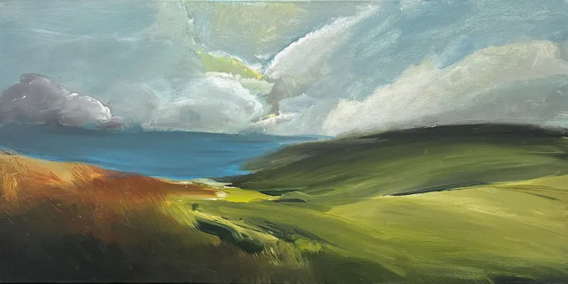 An original abstract coastal painting by Val Enger, available at The Little Gallery Whangamatā