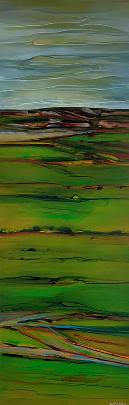 A vertical panel abstract painting of a rural scene by Lisa Ormsby, available at The Little Gallery Tairua