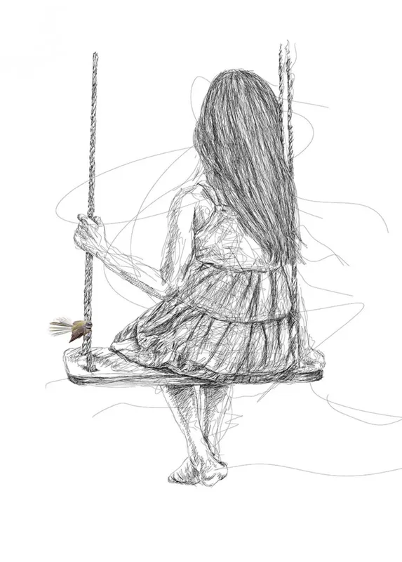 A linework print of a girl on a swing with a Fantail by Lisa Grennell, available at The Little Gallery Whangamatā