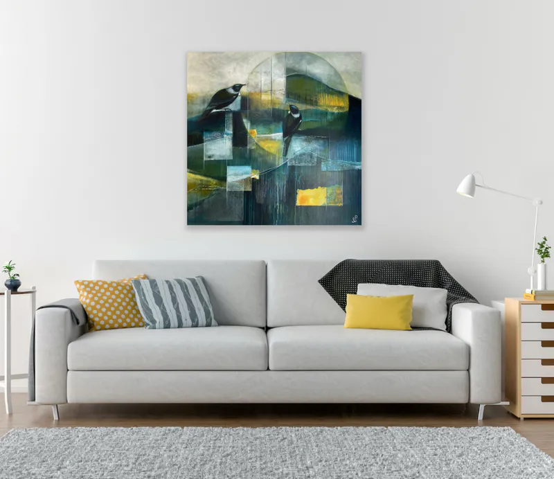 Staged contemporary New Zealand artwork with Tui by Julie Whyman at The Little Gallery Tairua