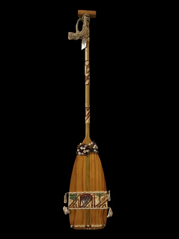 An old wooden paddle uncycled with Pacifica nautical theme by Chrissie Burnside, available at The Little Gallery Tairua
