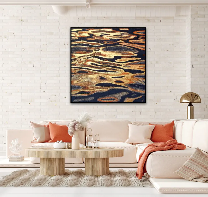 An original contemporary artwork with New Zealand sands and gold leaf by Nancy Tschetner, available at The Little Gallery Tairua