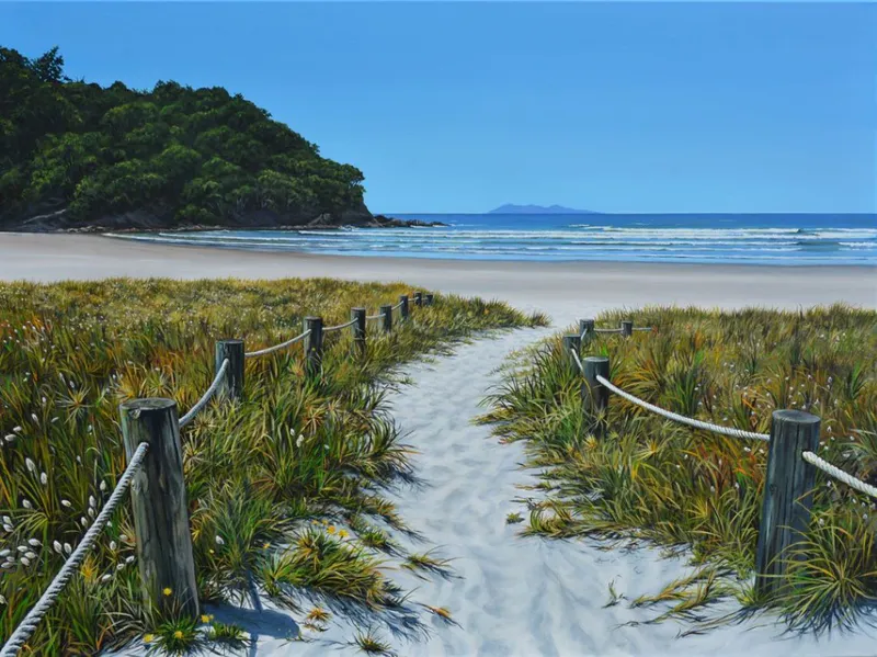 A limited edition print of a pathway to the beach by Shirley Cresswell, available at The Little Gallery Tairua