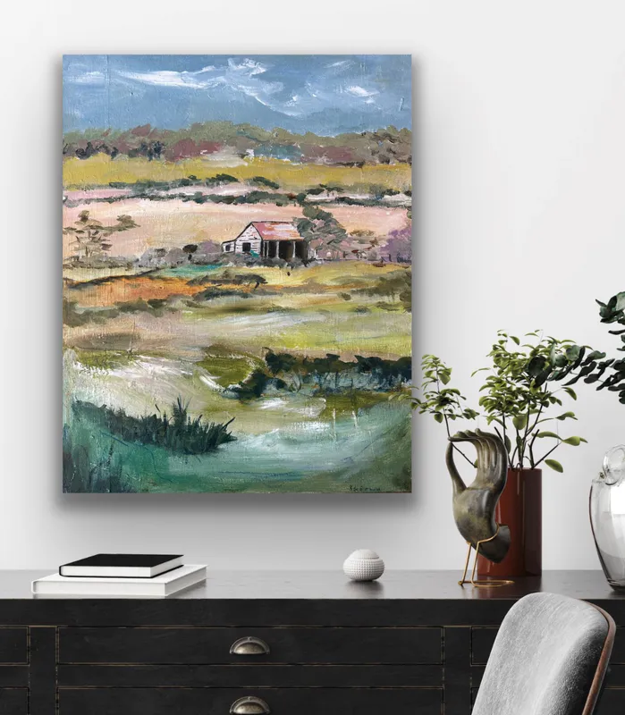 A Mixed Media painting of farmland and paddocks by Kay be Blaauw, available at The Little Gallery Whangamata