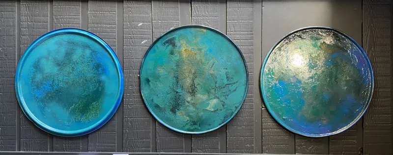 Mixed Media artwork on Barrel Lids by Heather Watt, available at The Little Gallery Tairua