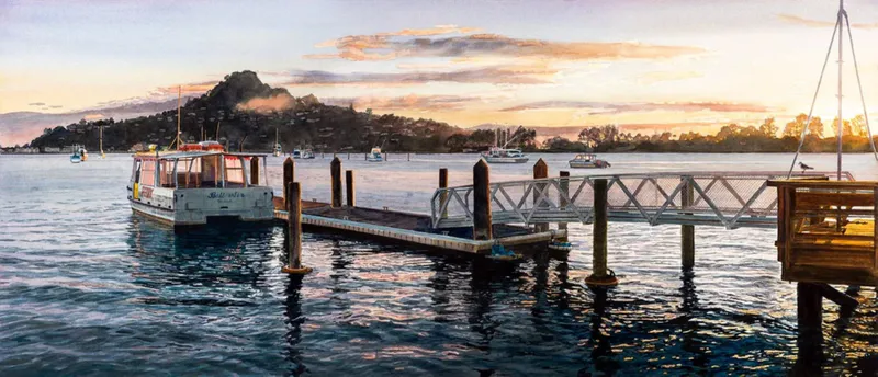 Fine art Watercolour painting of Mt Paku viewed from the Tairua Wharf by Jane Galloway, available at The Little Gallery Tairua
