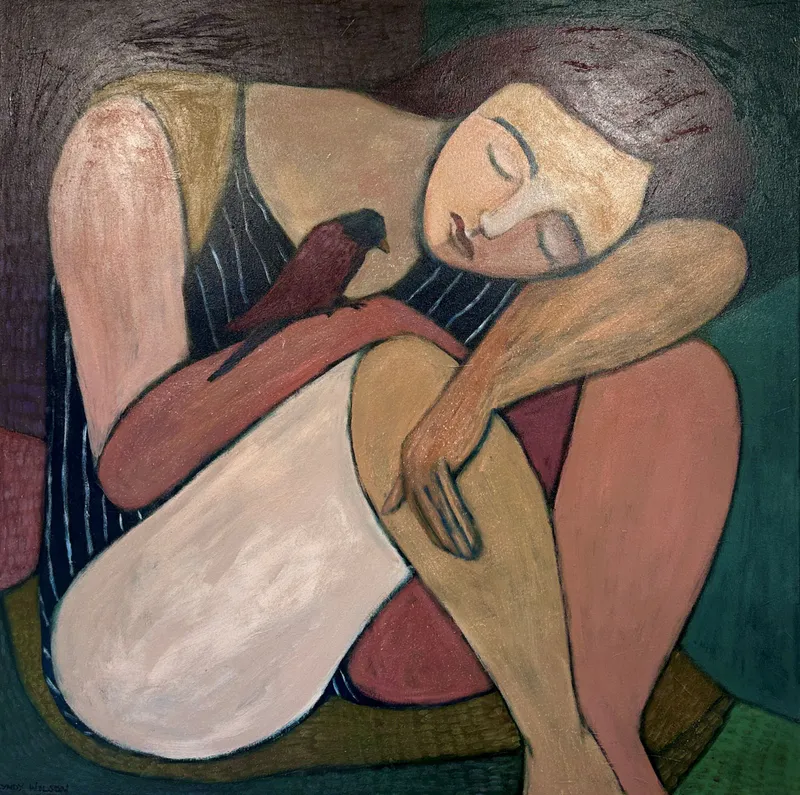 A contemporary Mixed Media painting of a woman with a bird by Lyndy Wilson, available at The Little Gallery Tairua