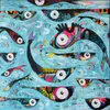 A bright and playful painting with large-eyed fish by Jessie Macaw, available at The Little Gallery Tairua