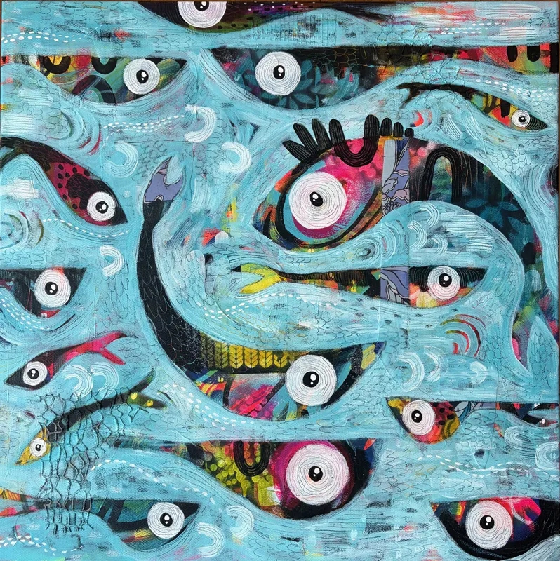 A bright and playful painting with large-eyed fish by Jessie Macaw, available at The Little Gallery Tairua
