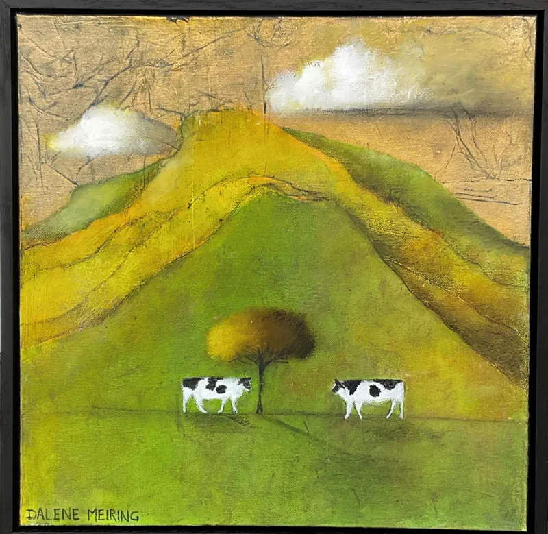 An original Mixed Media painting with a green field and cows by Dalene Meiring, available at The Little Gallery Whangamata
