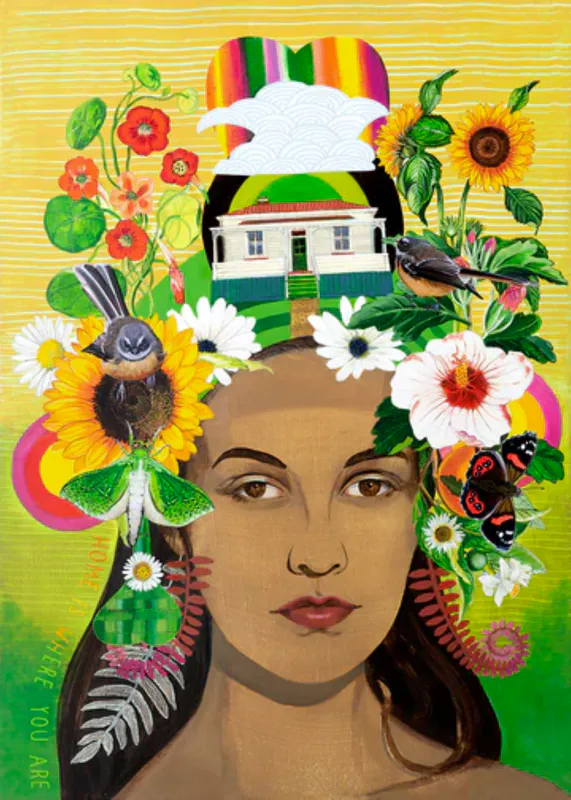 A Limited Edition fine art print of a lady with flowers and birds in her hair by New Zealand artist Jane Galloway, available at The Little Gallery Tairua