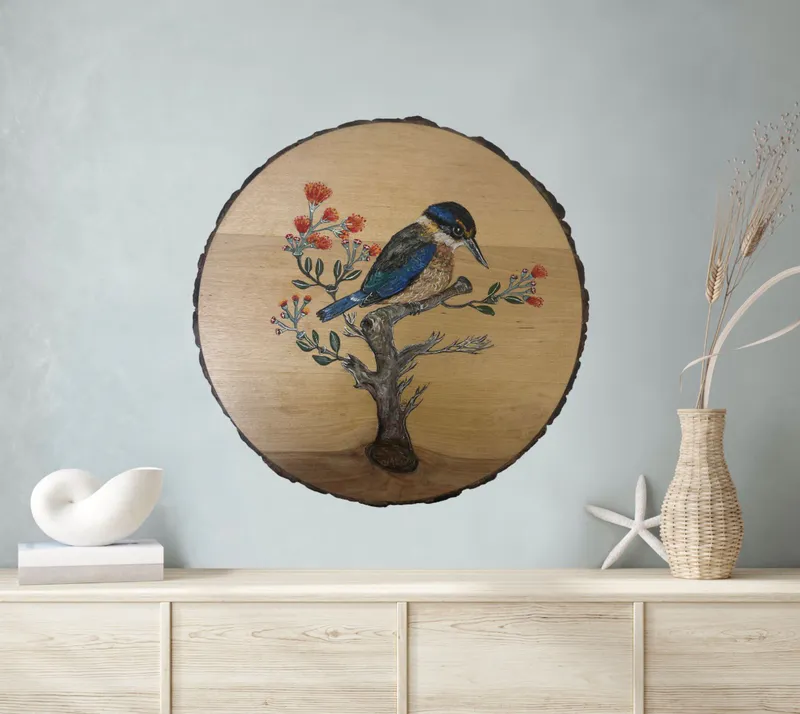 A handpainted Kingfisher on Pohutukawa ring by Chrissie Burnside available at The Little Gallery in Whangamata