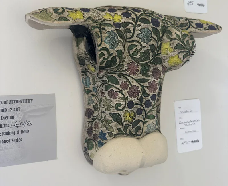 A ceramic tattooed Cow's Head with colourful details by Rachele Henderson, available at The Little Gallery Whangamata