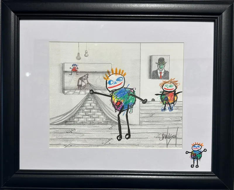 A contemporary artistic sketch of crayon people and artwork by John Wilson, available at The Little Gallery Tairua