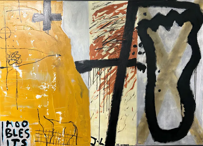 A bright abstract contemporary painting by Jay Lowe, available at The Little Gallery Tairua