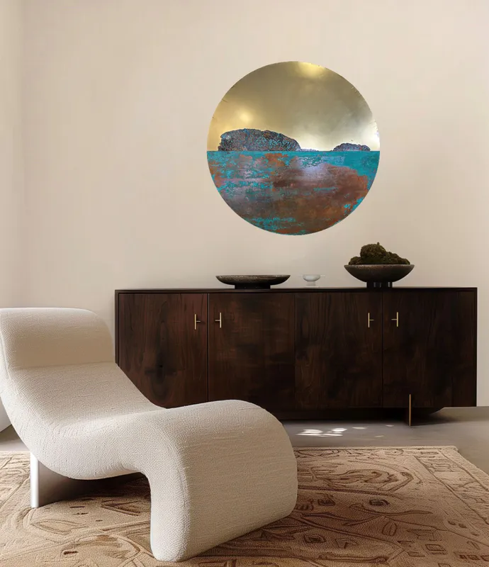 A large circular wall artwork showcasing Whangamata Islands by Jasmine Keir available at The Little Gallery in Whangamata