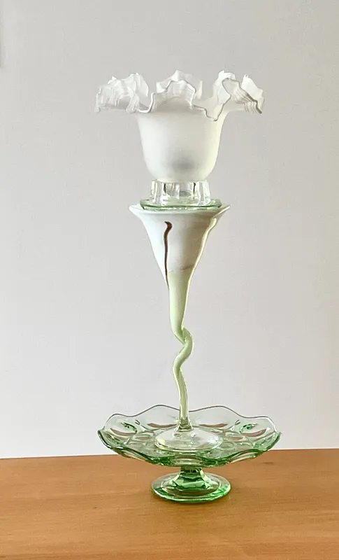 Candelabra made from hand curated glass ornaments by Sassy Maz Glass, available at The Little Gallery Tairua