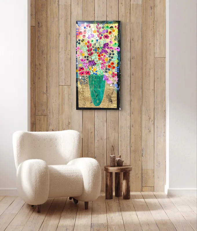 An original painting of flowers with gold leaf background and resin coating by Kristin Hyde, available at The Little Gallery Tairua