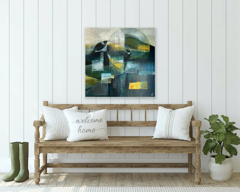 Staged contemporary New Zealand artwork with Tui by Julie Whyman at The Little Gallery Whangamata