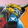 Contemporary colourful pop art print of Highland Cattle by New Zealand artist Clint C, available at The Little Gallery Whangamata