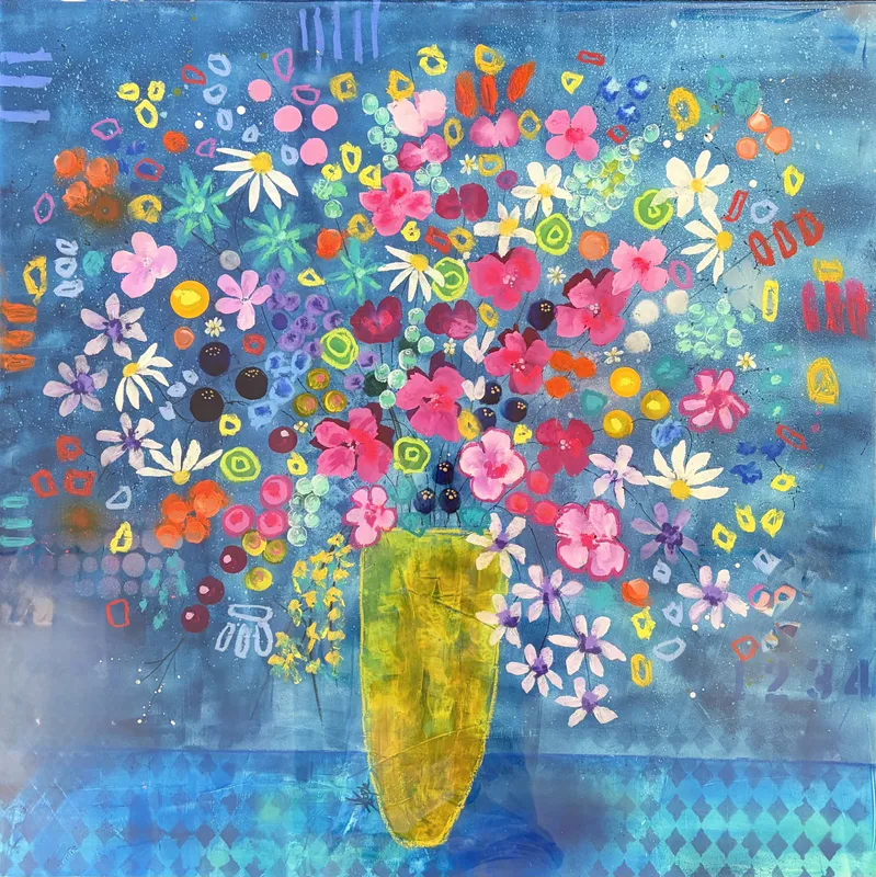 A colourful floral celebration of blues by Kristin Hyde, available at The Little Gallery Tairua