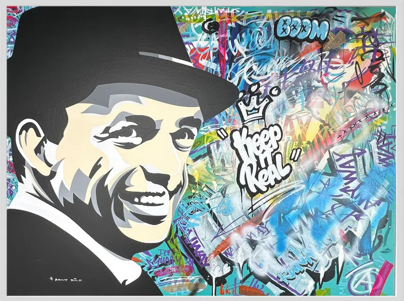 An original painting of Frank Sinatra with graffiti in the background by Bruce Rule, available at The Little Gallery Tairua