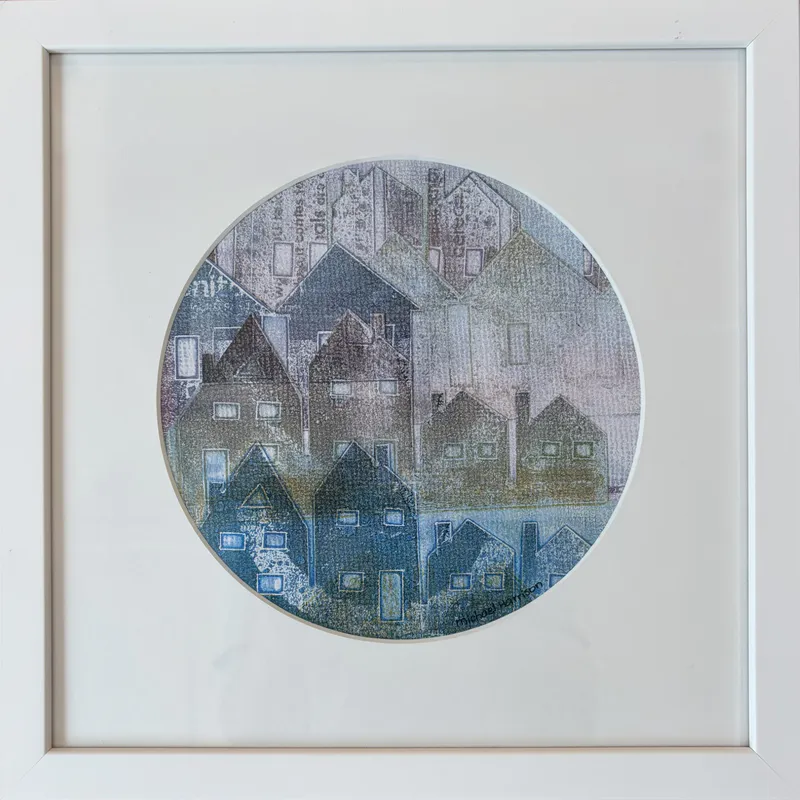 An original Collaged Monoprint with houses by Michael Harrison, available at The Little Gallery Tairua
