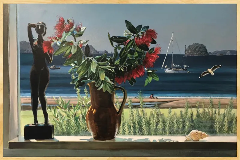 An original Acrylic painting looking through a window out to Cook's Beach by Jane Galloway, available at The Little Gallery Tairua