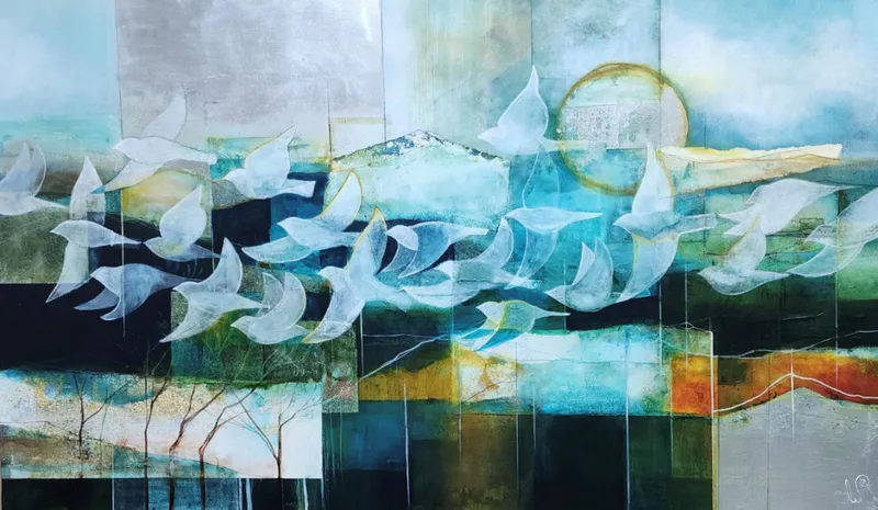 An original painting with bird silhouettes flying across the sky by Julie Whyman, available at The Little Gallery Whangamatā