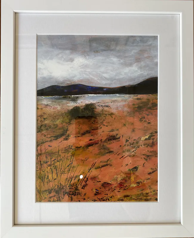 An original Acrylic painting of burnt orange foreground and distant hills by Michael Harrison, available at The Little Gallery Tairua