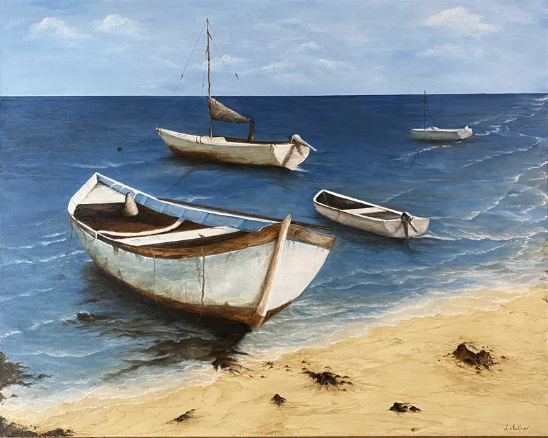 An original Acrylic painting of boats moored on a beach by Jennifer Panther, available at The Little Gallery Whangamata