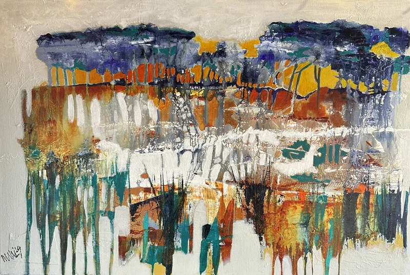 An original abstract painting of Coromandel scenery by Wendy Walls, available at The Little Gallery Whangamata