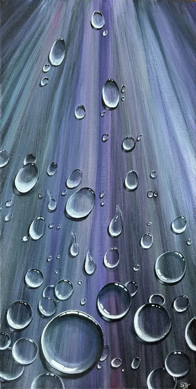 A beautiful real life painting of water droplets by Sue Foster, available at The Little Gallery Tairua