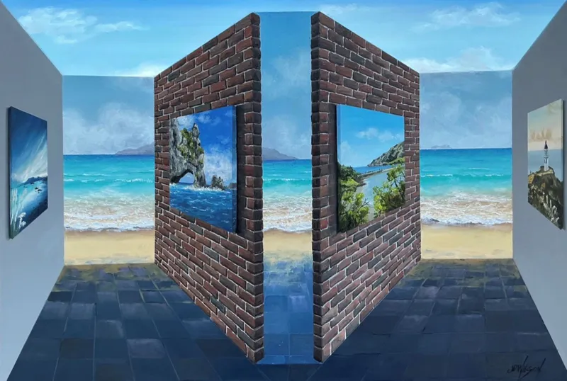 An original 3D visual trickery artwork with artwork and the sea in the background by John Wilson, available at The Little Gallery Tairua