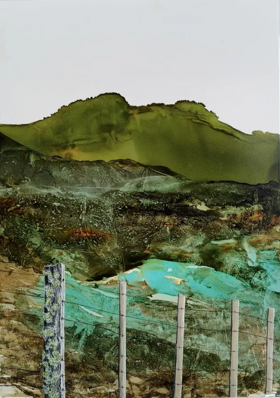 An original Alcohol Ink painting with fence posts by Michael Harrison, available at The Little Gallery Tairua