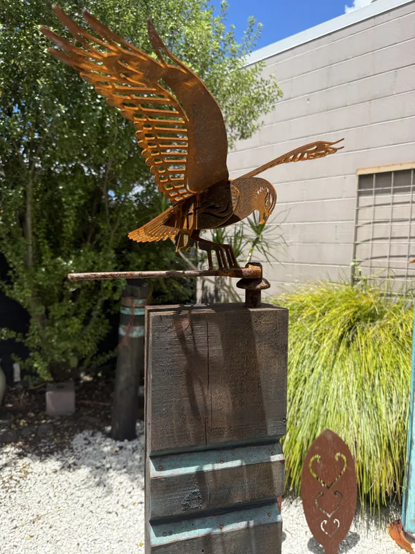 Corten Steel Kahu Totem with copper inserts by Rustic Soul Sculptures, available at The Little Gallery Tairua