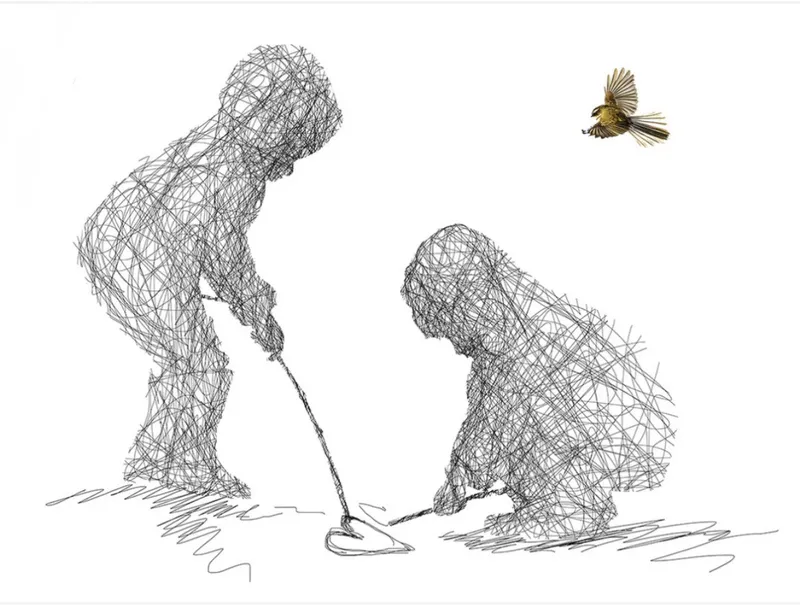 A sweet linework print of children drawing in the sand by Lisa Grennell, available at The Little Gallery Whangamatā