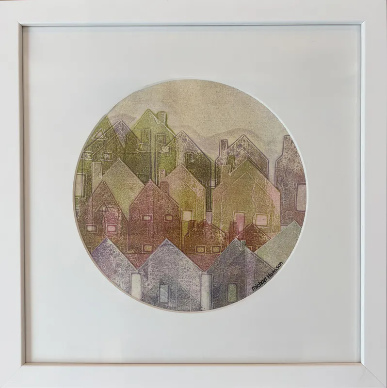 An original Mixed Media Collaged Monoprint with houses by Michael Harrison, available at The Little Gallery Tairua
